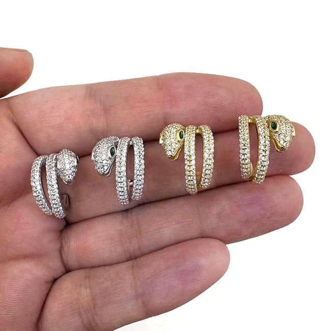 18K Gold Over Sterling Silver CZ and Green Emerald Eyes Snake Hoop Earrings - WJD Exclusives