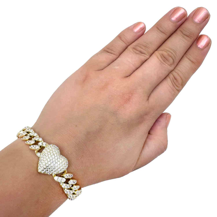 18K Yellow Gold Over Sterling Silver Heart CZ Miami Cuban Bracelet (Solid Links) 7" - 8" - WJD Exclusives