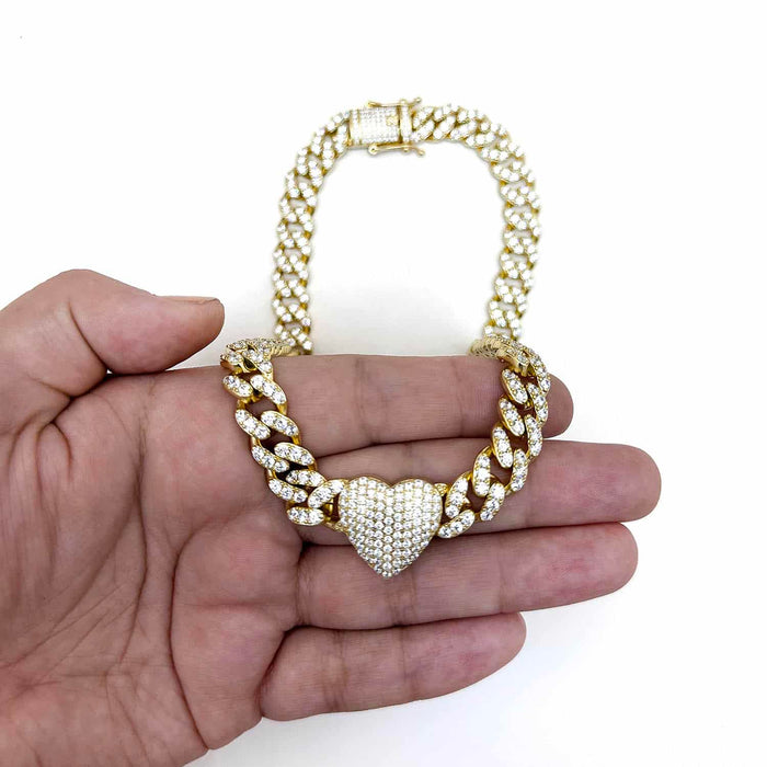 18K Yellow Gold Over Sterling Silver Heart CZ Miami Cuban Necklace (Solid Links) 16" - 20" - WJD Exclusives