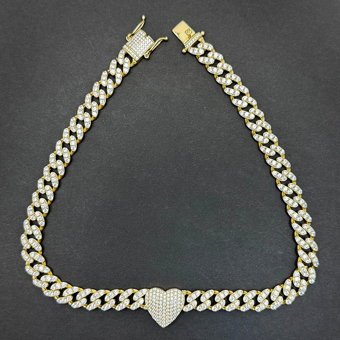 18K Yellow Gold Over Sterling Silver Heart CZ Miami Cuban Necklace (Solid Links) 16" - 20" - WJD Exclusives