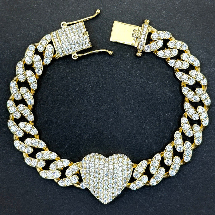 18K Yellow Gold Over Sterling Silver Heart CZ Miami Cuban Bracelet (Solid Links) 7" - 8" - WJD Exclusives