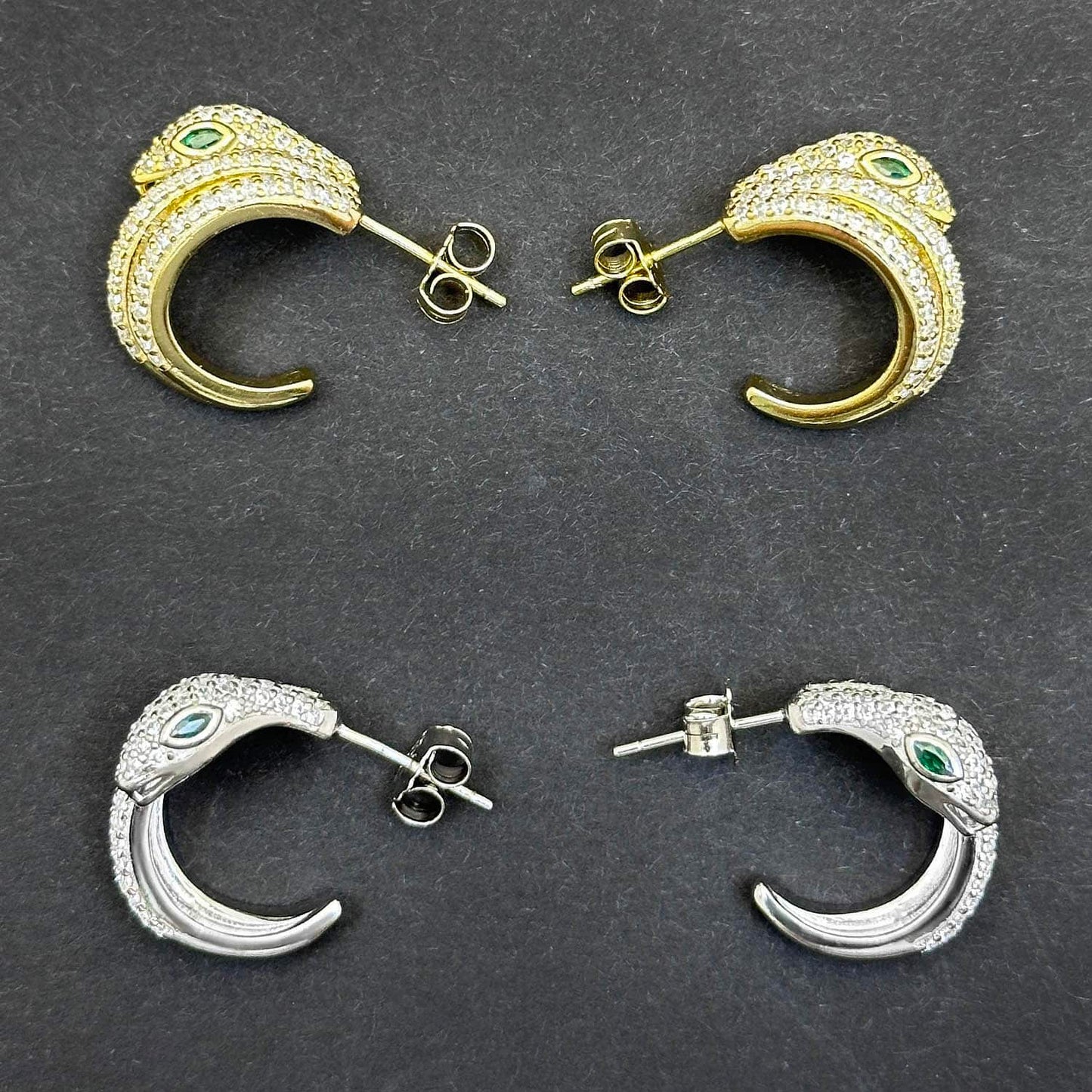 18K Gold Over Sterling Silver CZ and Green Emerald Eyes Snake Hoop Earrings