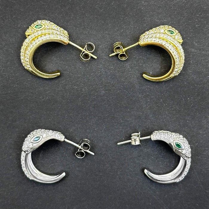18K Gold Over Sterling Silver CZ and Green Emerald Eyes Snake Hoop Earrings - WJD Exclusives