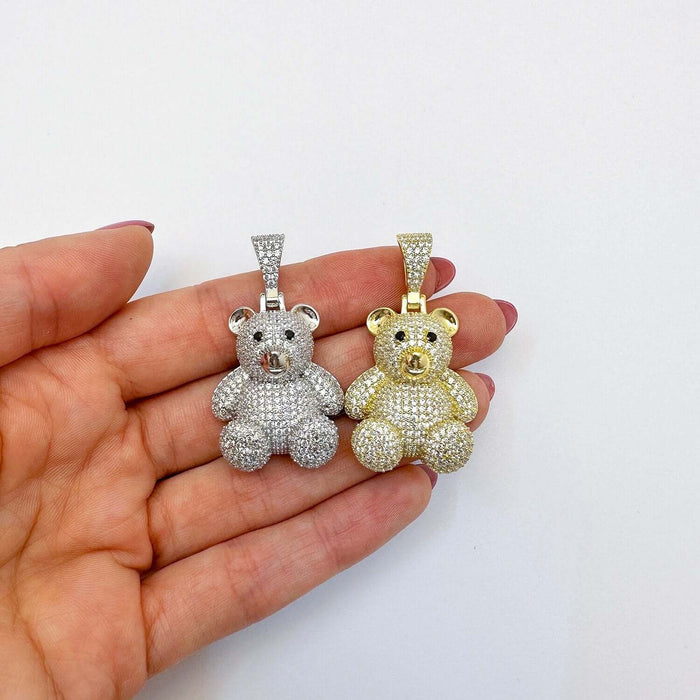 Sterling Silver 4.20CTW CZ Yellow White Pave Bear Pendant 1.6" - WJD Exclusives