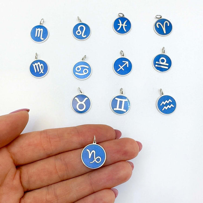 Sterling Silver Round Blue Zodiac Signs Pendant 0.7" - WJD Exclusives