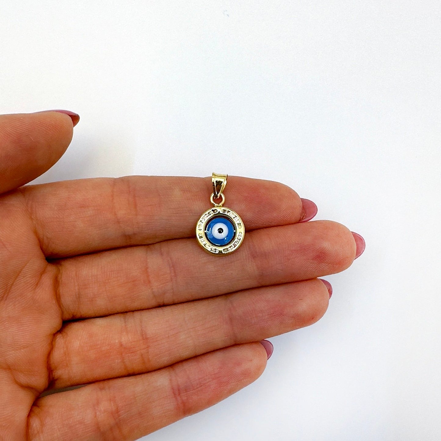 10K Real Gold CZ Round Evil Eye Pendant 0.8"