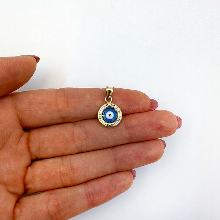 10K Gold CZ Round Evil Eye Pendant 0.8" - WJD Exclusives