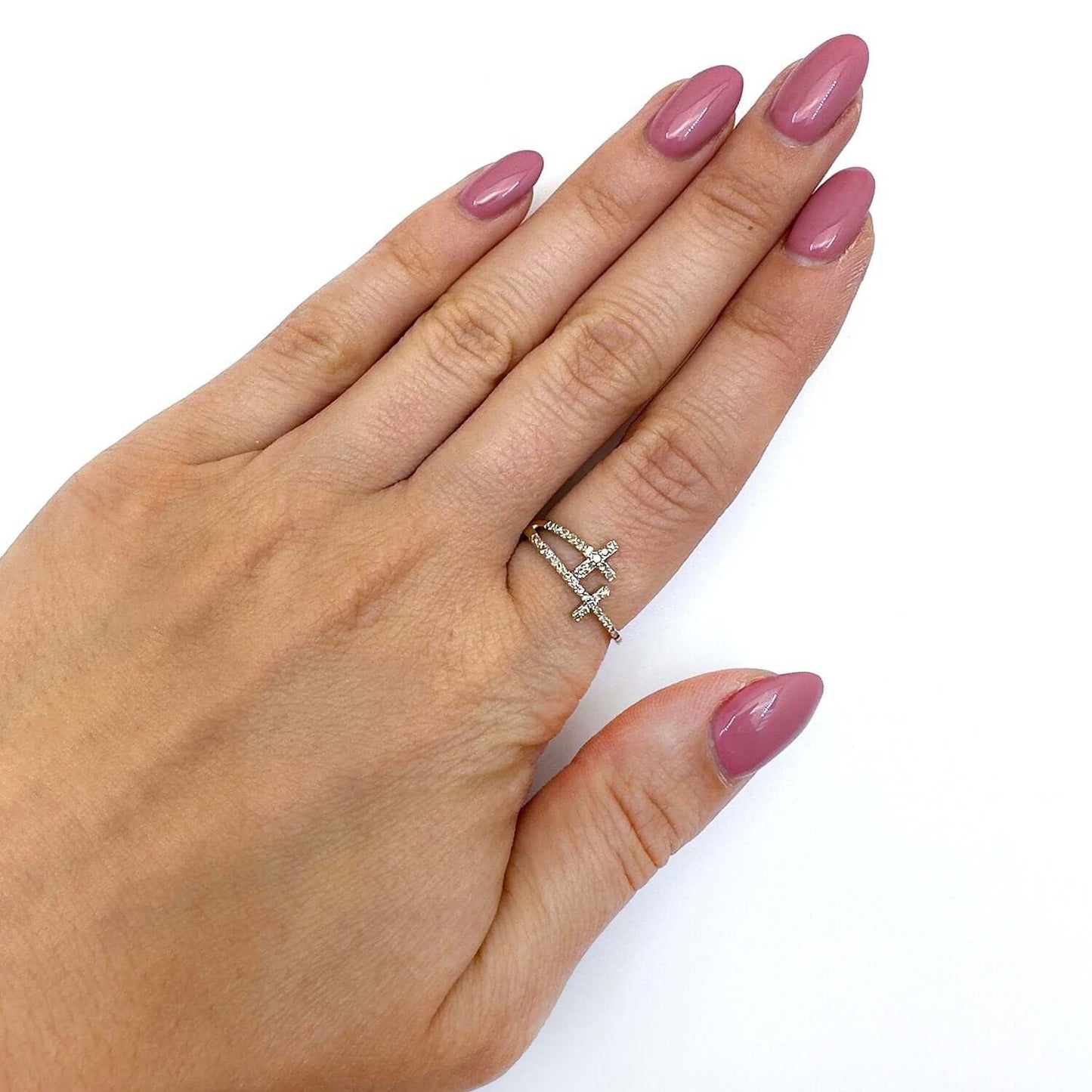 Real Diamond 10K Yellow Gold Sideways Double Cross Ring