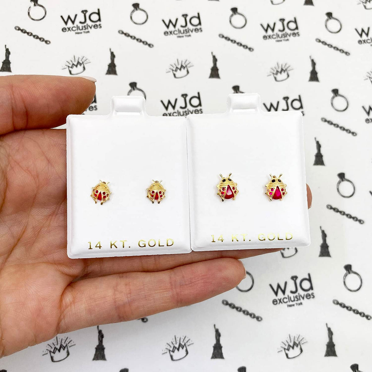 Kids 14K Gold Red Ruby Ladybug Stud Earrings