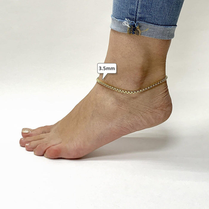 14K Yellow Gold 2.5mm, 3.5mm, 5mm Round Box Anklet (Solid Links) 10"