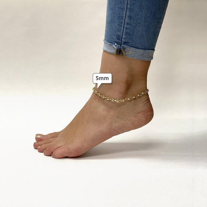 14K Yellow Gold Puffed Anchor Mariner 4mm 5mm Anklet (Hollow) 10"