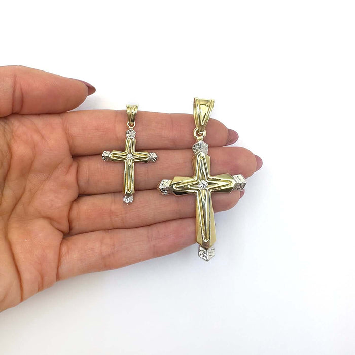 0.08CT CZ 10K Yellow Gold Cross Religious Pendant 1.5" 2.2"