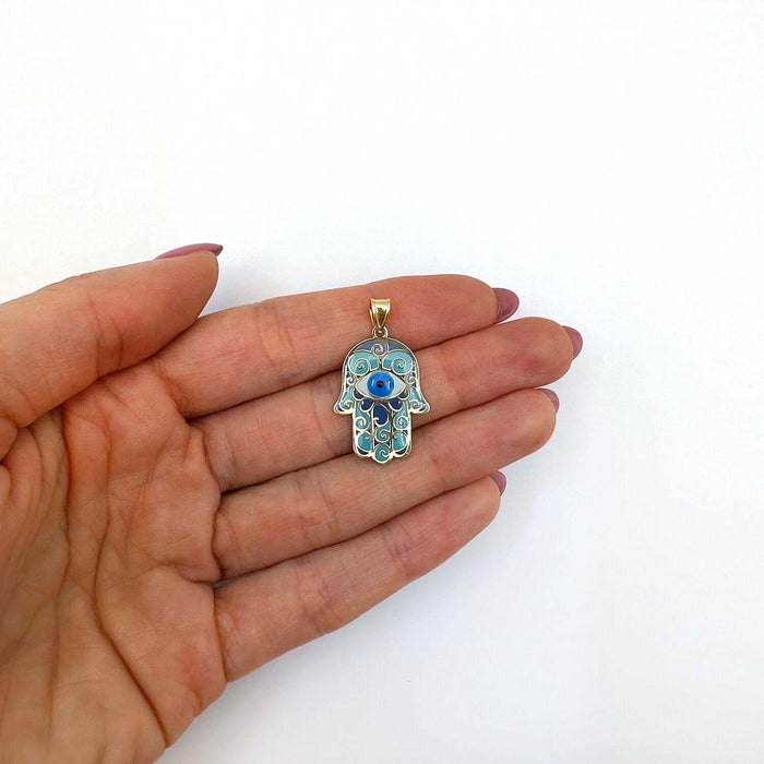 10K Yellow Gold Enamel Hamsa Hand Evil Eye Pendant 1.1" - WJD Exclusives