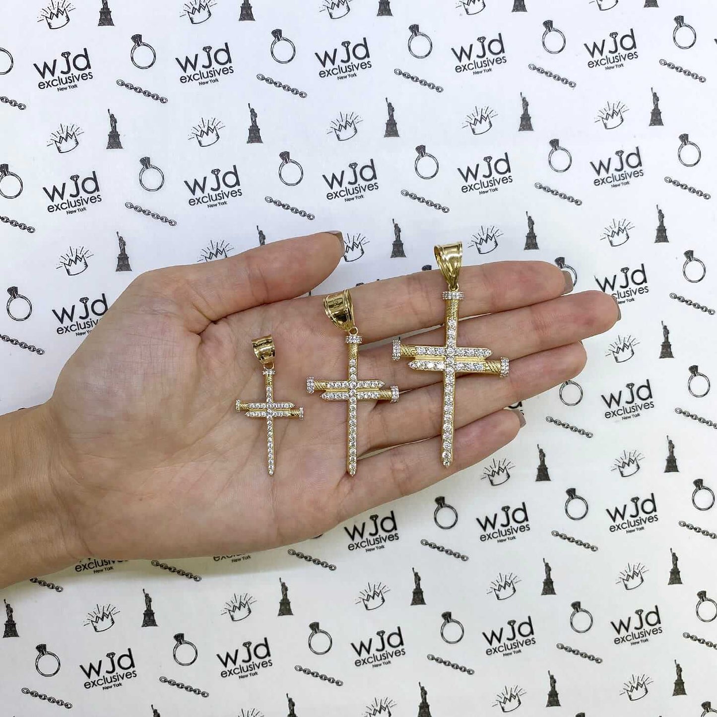 14K Yellow Gold CZ Nail Cross Pendant