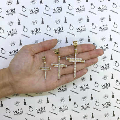 14K Yellow Gold CZ Nail Cross Pendant