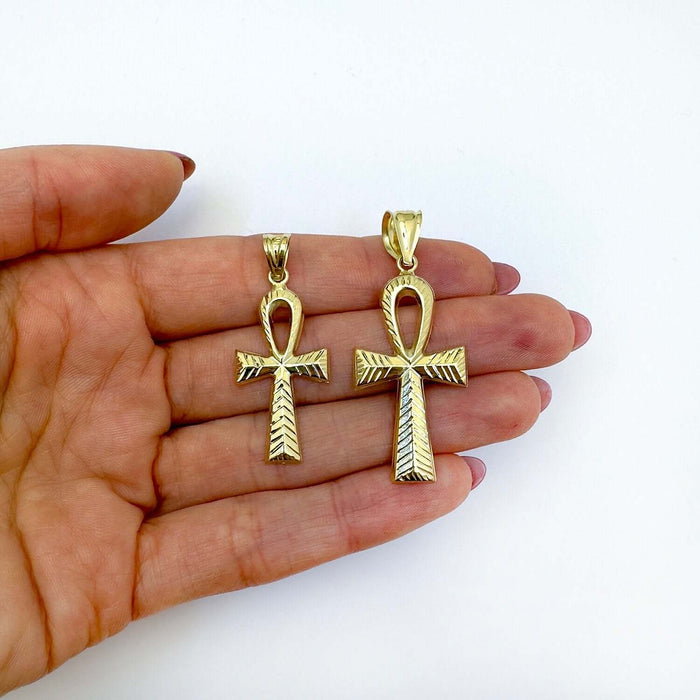 10K Gold Diamond - Cut Ankh Cross Pendant 1.5" - 1.8" - WJD Exclusives