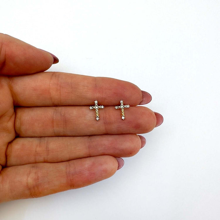 0.05CTW Natural Diamond 10K Gold Yellow White Cross Stud Earrings 10mm - WJD Exclusives