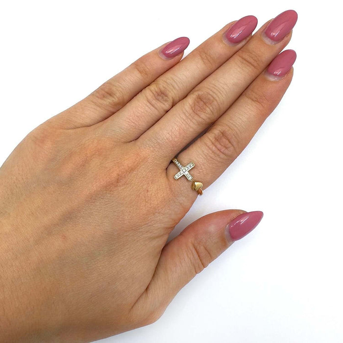 0.10CTW Natural Diamond 10K Yellow Gold Cross Heart Cocktail Bypass Ring - WJD Exclusives