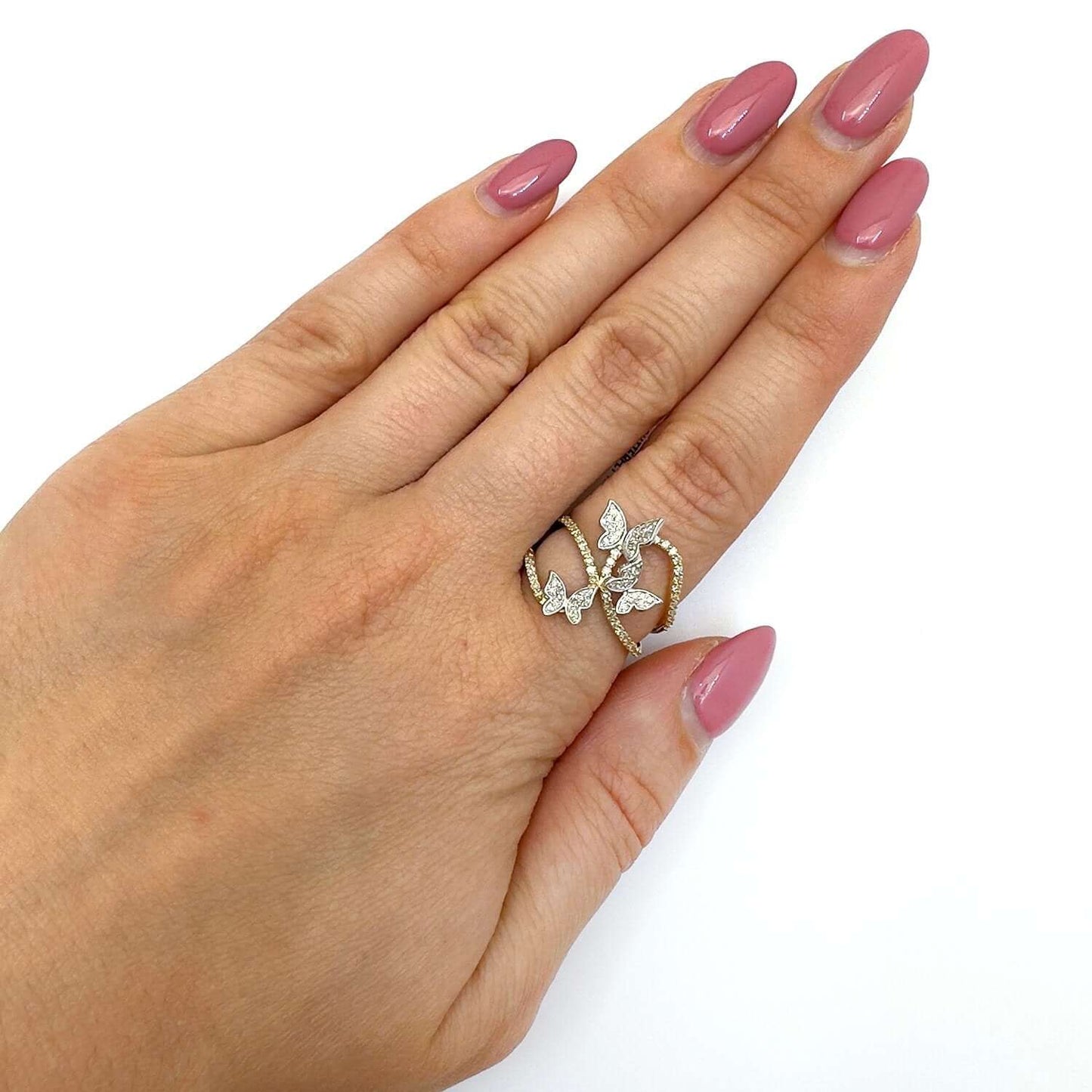 0.35CTW Natural Diamond 10K Gold 2-Tone Yellow White 3-Butterflies Cocktail Ring