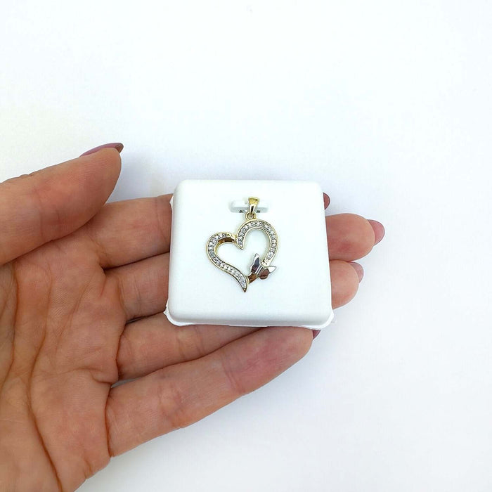 0.10CTW Natural Diamond 10K Gold Yellow White Rose Butterfly Heart Pendant 0.9" - WJD Exclusives