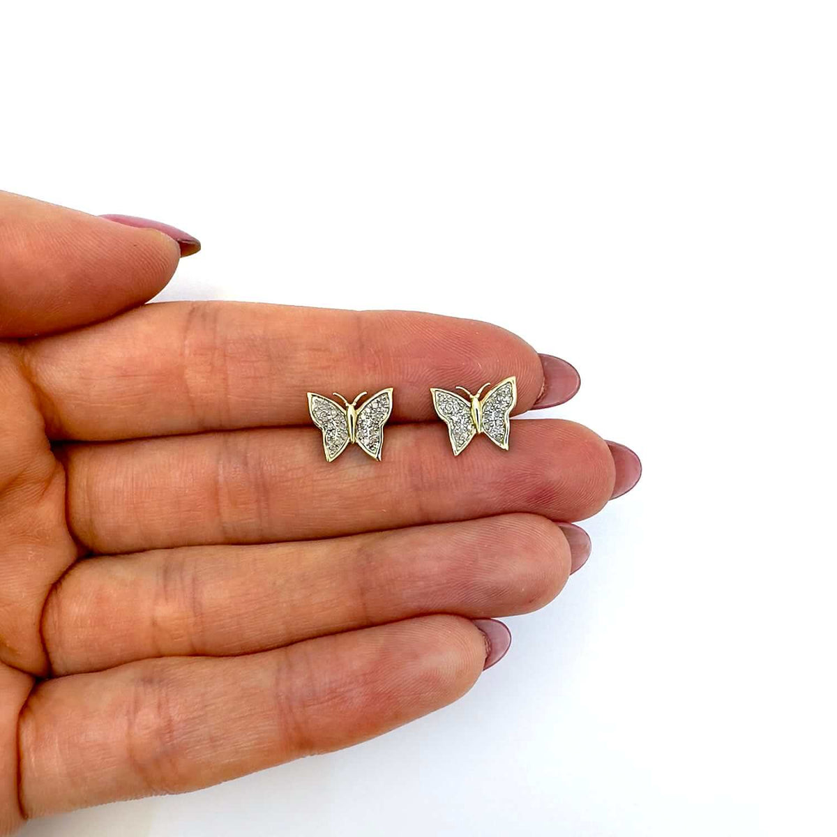0.12CTW Natural Diamond 10K Gold Yellow White Butterfly Stud Earrings 9mm - WJD Exclusives