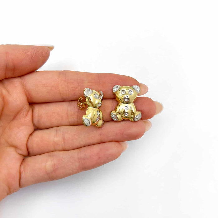 14K Yellow Gold Puffed Teddy Bear Stud Earrings 11mm - 20mm - WJD Exclusives