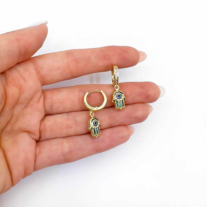 14K Gold Evil Eye Hamsa CZ Huggie Hoop Earrings 27mm - WJD Exclusives