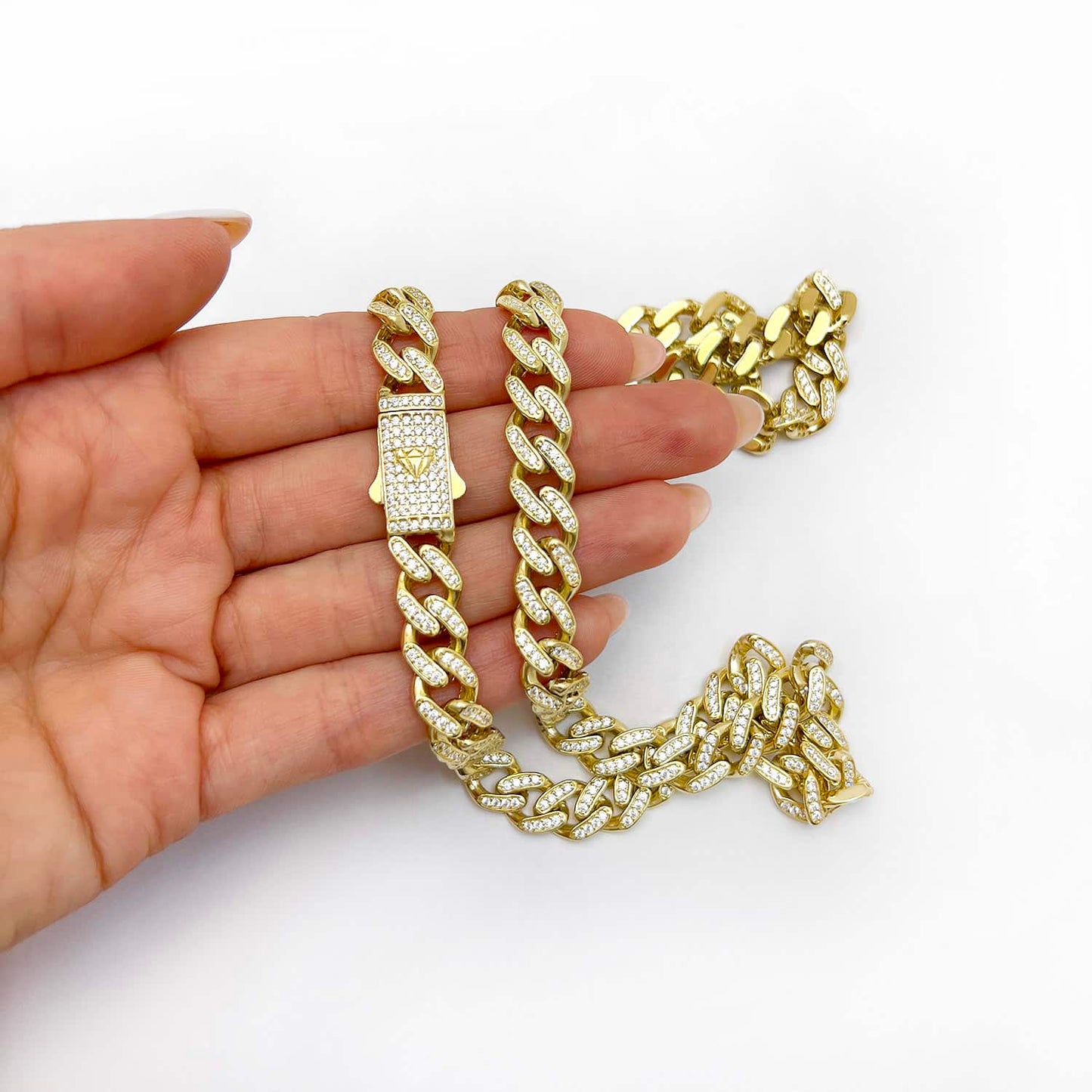 14K Gold CZ Pave 9mm Hollow Miami Chain Necklace 18.5"-24"