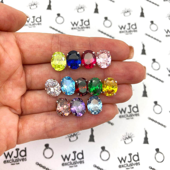 5CTW Birthstone Oval Gemstone Basket-Set 14K White Gold Stud Earrings
