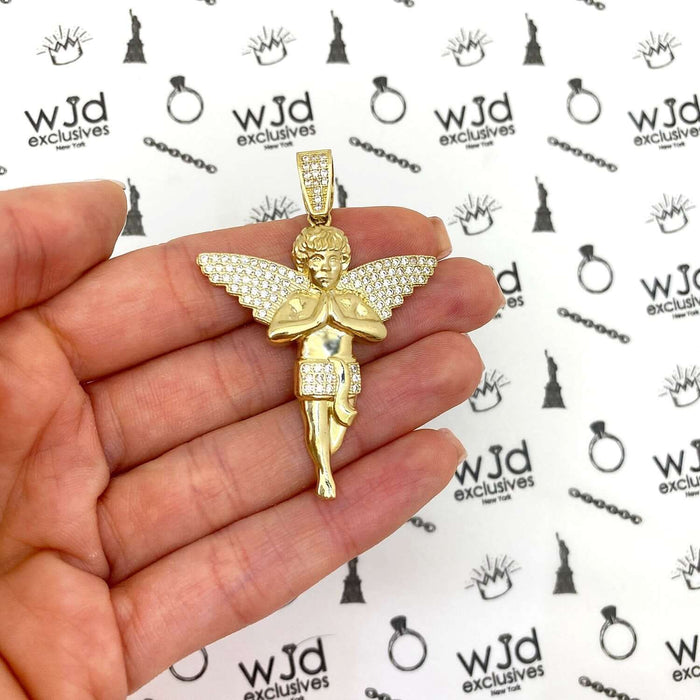 10K Yellow Gold CZ Pave Praying Angel Pendant 2.2"