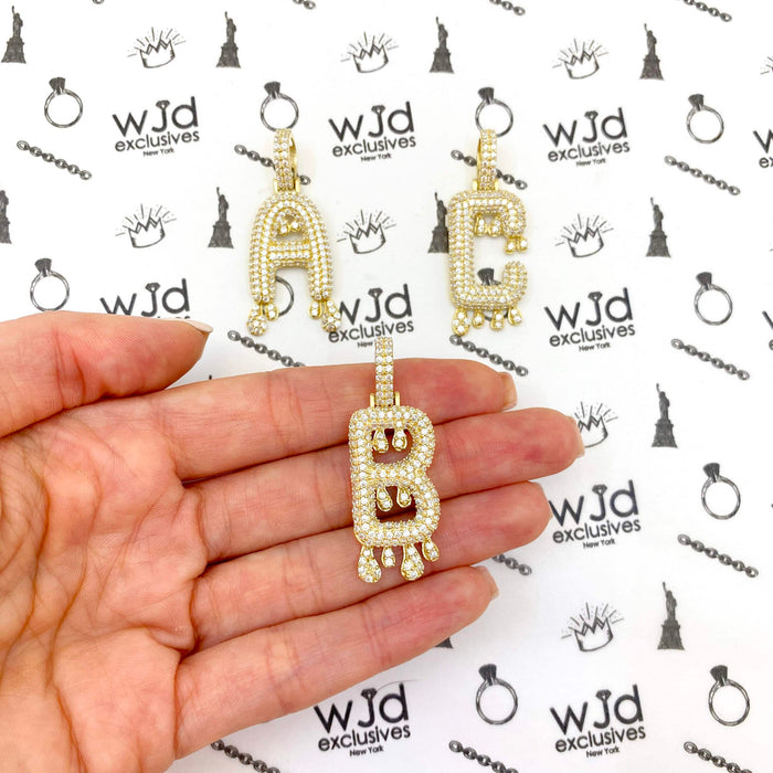 14K Yellow Gold CZ Iced Out Dripping Initial Letter Pendant 1.7"