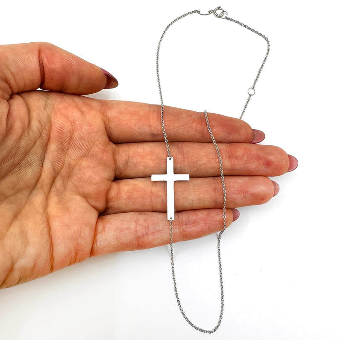 14K Yellow White Gold 1mm Cable Chain Flat Cross Necklace (Hollow) 16" - 18" Adjustable - WJD Exclusives