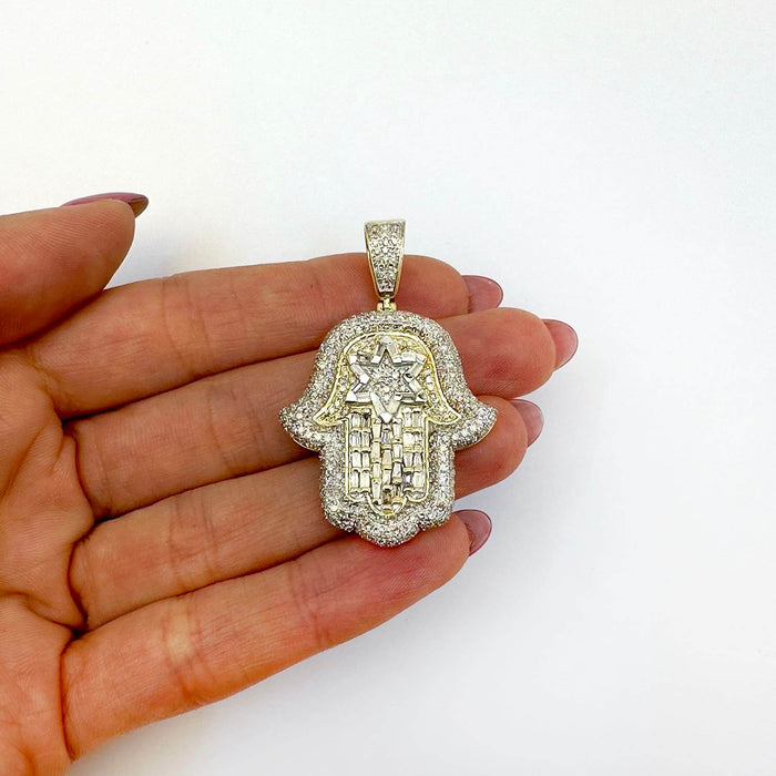 2.60CTW Natural Diamond 10K Yellow Gold Davids Star Hamsa Pendant 2.3" - WJD Exclusives