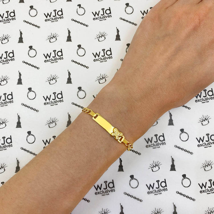 Kids 14K Yellow Gold Over Sterling Silver 4mm Figaro Butterfly Engravable ID Bar Bracelet (Solid Links) 6"