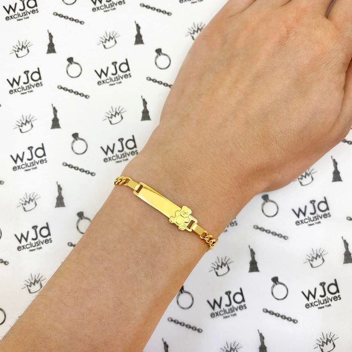 Kids 14K Yellow Gold Over Sterling Silver 4mm Figaro Teddy Bear Engravable ID Bar Bracelet (Solid Links) 6"