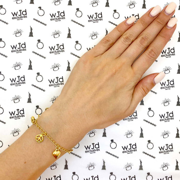 14K Yellow Gold Over Sterling Silver 2.5mm Puffed Hearts & Peace Signs Charms Bracelet (Solid Links) 8"