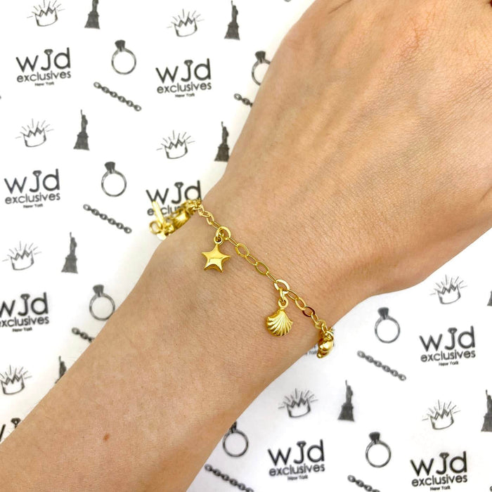 Kids Yellow Gold Over Sterling Silver Dolphin Key Bear Star Seashell Bracelet (Solid Links) 6"