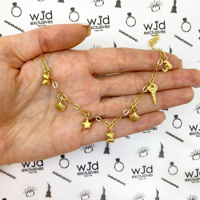 14K Yellow Gold Over Sterling Silver Dolphin Key Teddy Bear Star Seashell Charms Anklet (Solid Links) 9"-10"