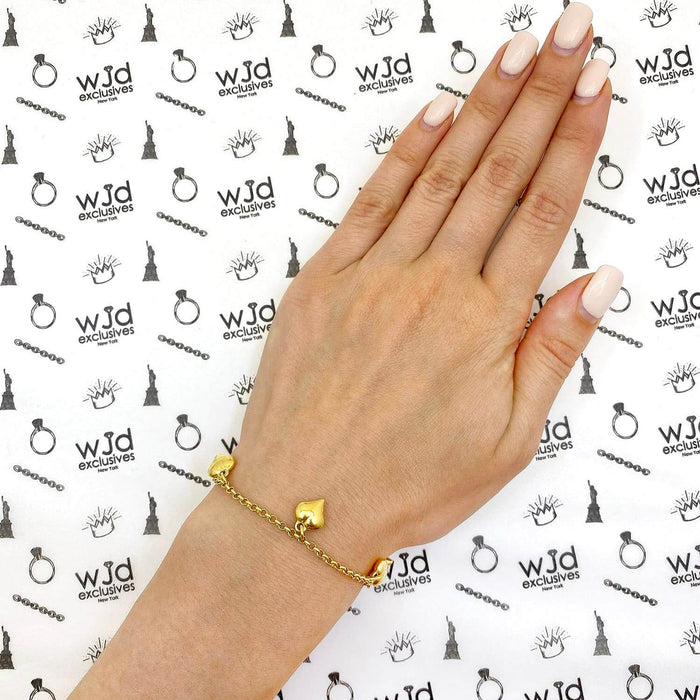 14K Yellow Gold Over Sterling Silver 2.5mm Rolo Puffed Heart Charms Bracelet (Solid Links) 8"