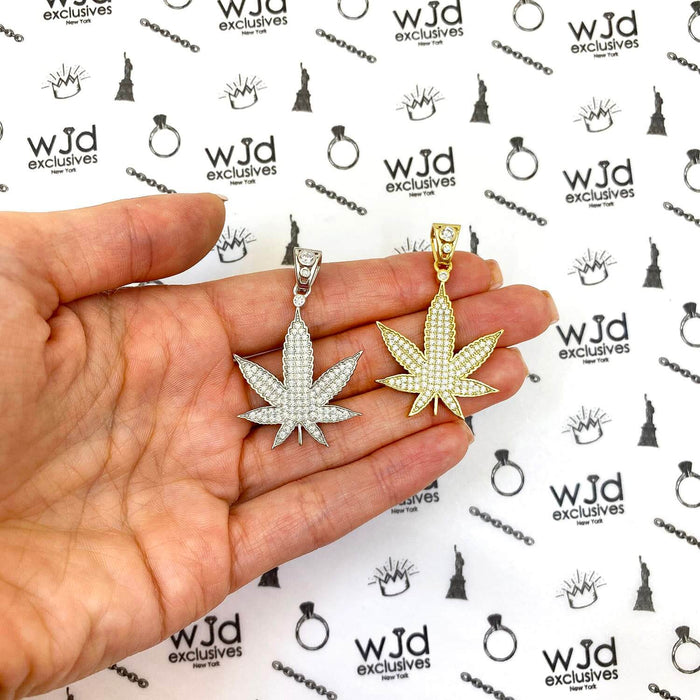 14K Gold Over Sterling Silver CZ Pave Marijuana Hemp Pendant 1.8"