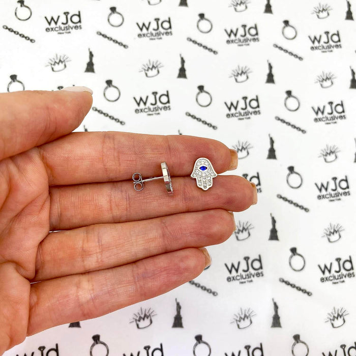 925 Sterling Silver CZ Sapphire Eye Hamsa 11.5mm Stud Earrings
