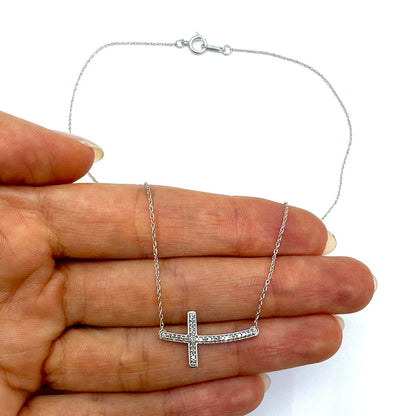 Real Diamond 10K Gold Yellow White Curved Sideways Cross Pendant Necklace 18"