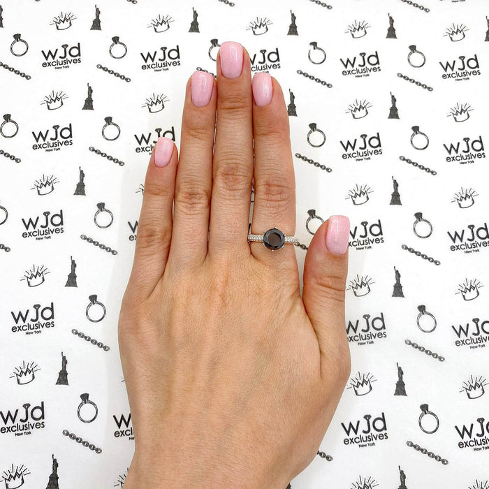 2.85CTW Black Natural Diamond Petite Pave Crown 18K Gold White Engagement Ring