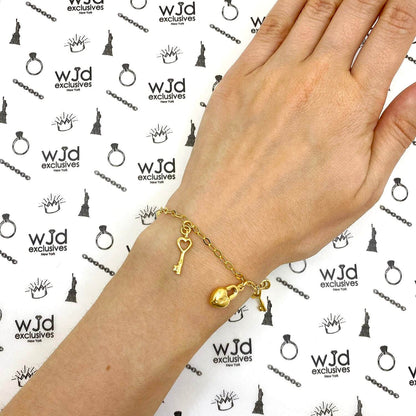 14K Yellow Gold Over Sterling Silver 3mm Puffed Locks & Keys Charm Bracelet (Solid Links) 8"