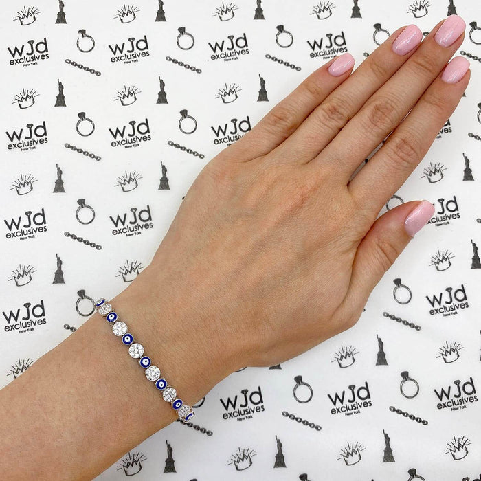 Sterling Silver White Sapphire Cluster Evil Eye Bolo Bracelet 5.25"-9.25" Adjustable