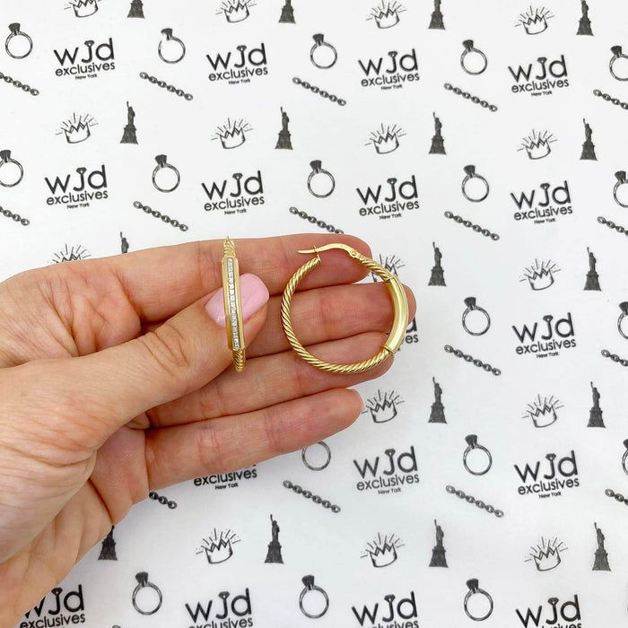 10K Gold Twisted Tube Pave Glitter Bar Hoop Earrings 30mm