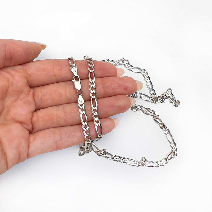 Sterling Silver 4.2mm Figaro Chain (Solid Links) 18" - 24" - WJD Exclusives