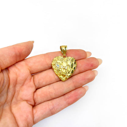 10K Yellow Gold Nugget Heart Pendant 0.7"-1.4"