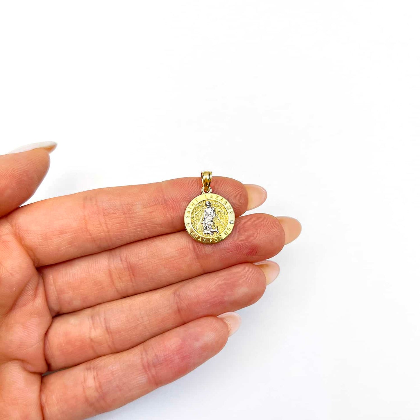10K Yellow Gold Religious Saint Lazarus Pray For Us Medallion Pendant 0.8" 0.9"