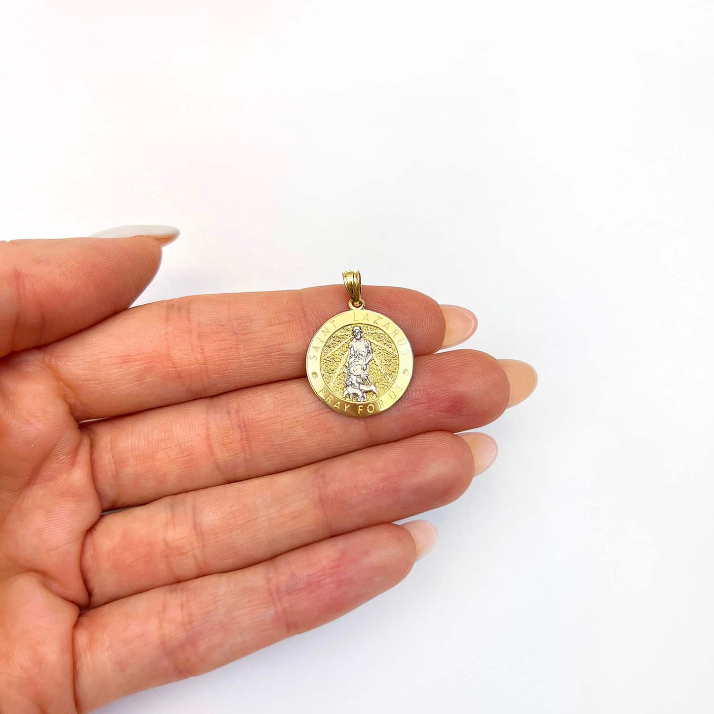 10K Yellow Gold Religious Saint Lazarus Pray For Us Medallion Pendant 0.8" 0.9"